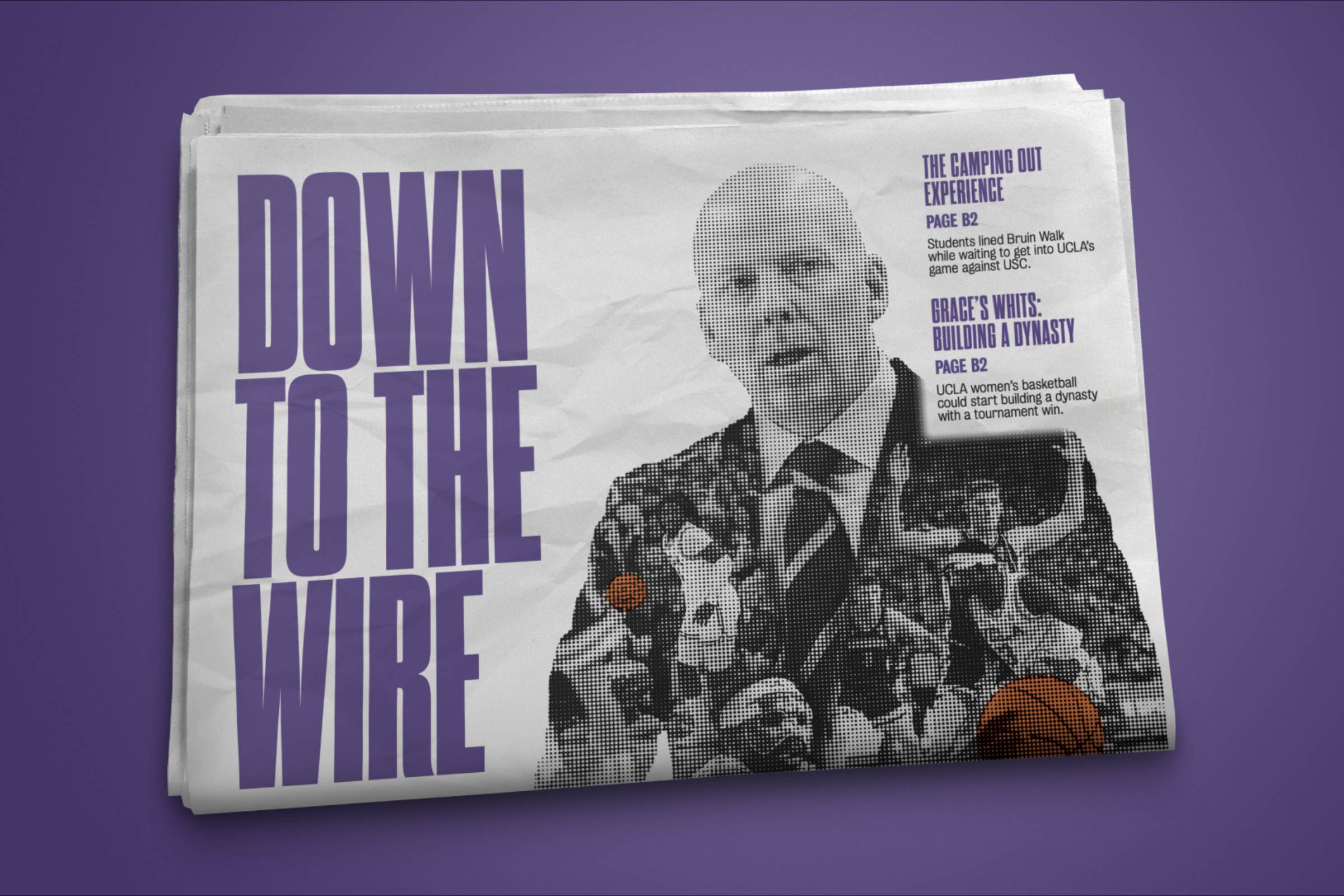 Newspaper with UCLA basketball coach Mick Cronin on the cover on purple background