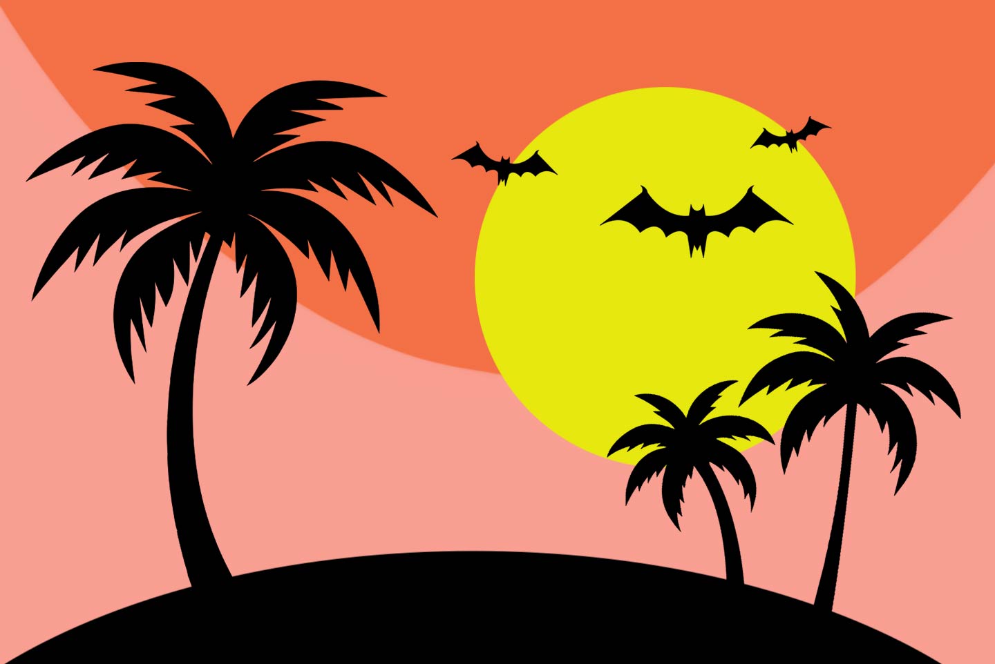 Illustration of beach scene at sunset with bats flying in background